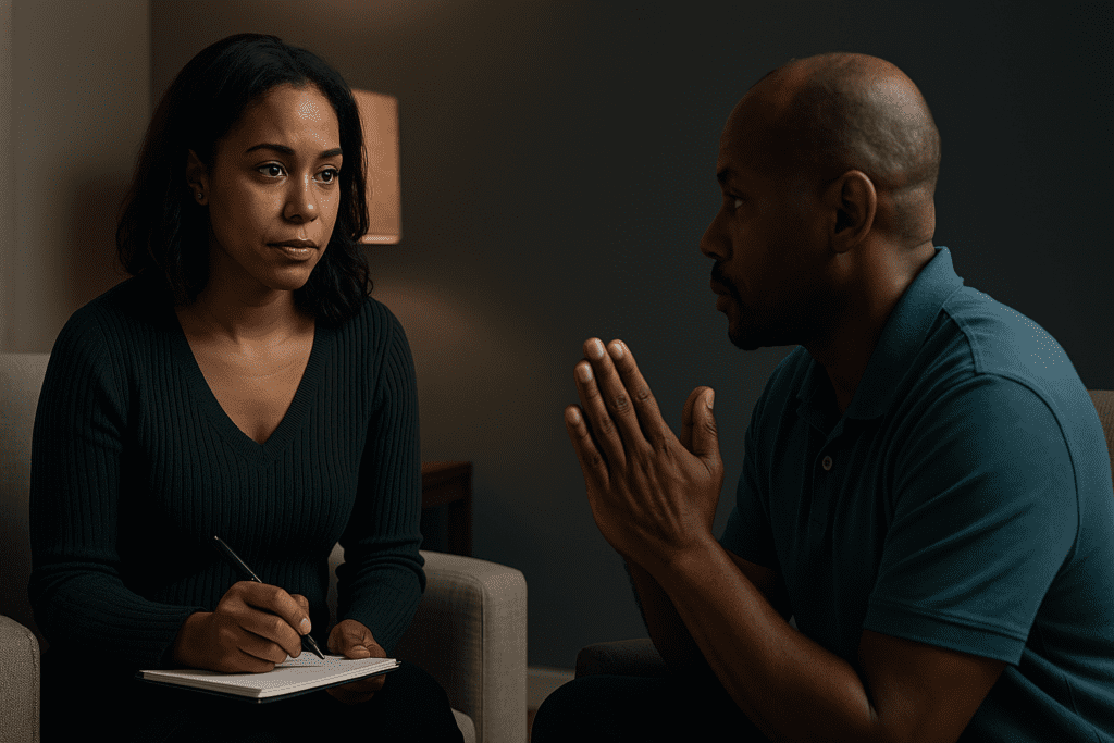 An African American therapist and her male client engage in a therapy session in a warmly lit, softly toned room, with both figures deeply immersed in a conversation about lifestyle change. The client’s introspective posture and the therapist’s attentive note-taking underscore the emotional and psychological dimensions of adopting a vegan or vegetarian diet for diabetes management.