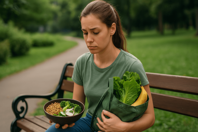 A young woman with light skin and brown hair sits alone on a park bench, gently lit by morning sunlight, examining a bowl of brown rice, steamed broccoli, and salad. Her thoughtful expression and minimal surroundings highlight the theme of smart eating on a budget, with a reusable bag of fresh produce in her lap reinforcing the focus on cheap healthy meals in natural, everyday settings.