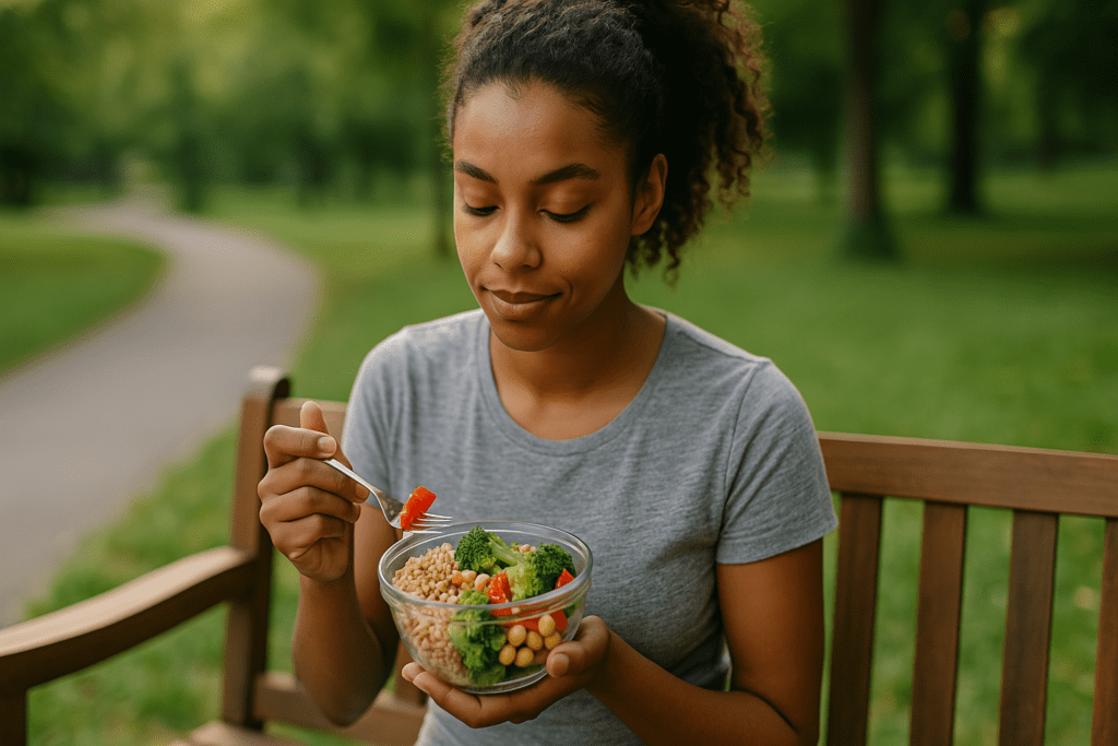 A young African American woman with curly hair enjoys a homemade salad outdoors in a sunlit park during late afternoon. The warm natural light and serene expression capture the emotional satisfaction of healthy meals on a budget, while the vibrant greens and casual environment reflect a realistic approach to cheap healthy dinner ideas.