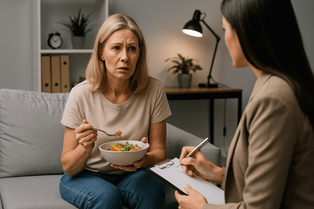 A therapy session unfolds in a softly lit, neutral-toned office where a middle-aged woman discusses smart food choices while holding a colorful salad. Her attentive expression and the calm setting convey emotional mindfulness and the importance of balanced, nutritious meals on a budget as part of overall well-being.