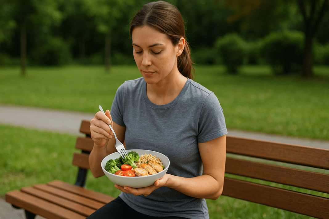 A young Caucasian woman with shoulder-length brown hair sits peacefully on a wooden bench in a sunlit park, enjoying a balanced 300-calorie lunch of grilled chicken, brown rice, broccoli, and cherry tomatoes. The natural lighting and soft greenery in the background emphasize the theme of healthy weight management and sustained all-day energy through nutritious outdoor meals.
