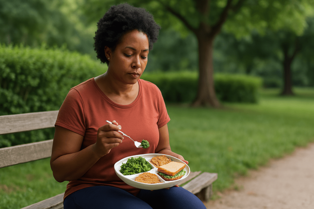 Smart 300 Calorie Lunch Meals: Balanced Nutrition for Weight Management and All-Day Energy 1 A middle-aged African American woman sits alone on a rustic bench under warm daylight, thoughtfully focused on her neatly portioned 300-calorie lunch of whole grains, vegetables, and lean protein. Her relaxed posture and quiet setting highlight the importance of mindful eating and nutritional balance for heart health and weight control.