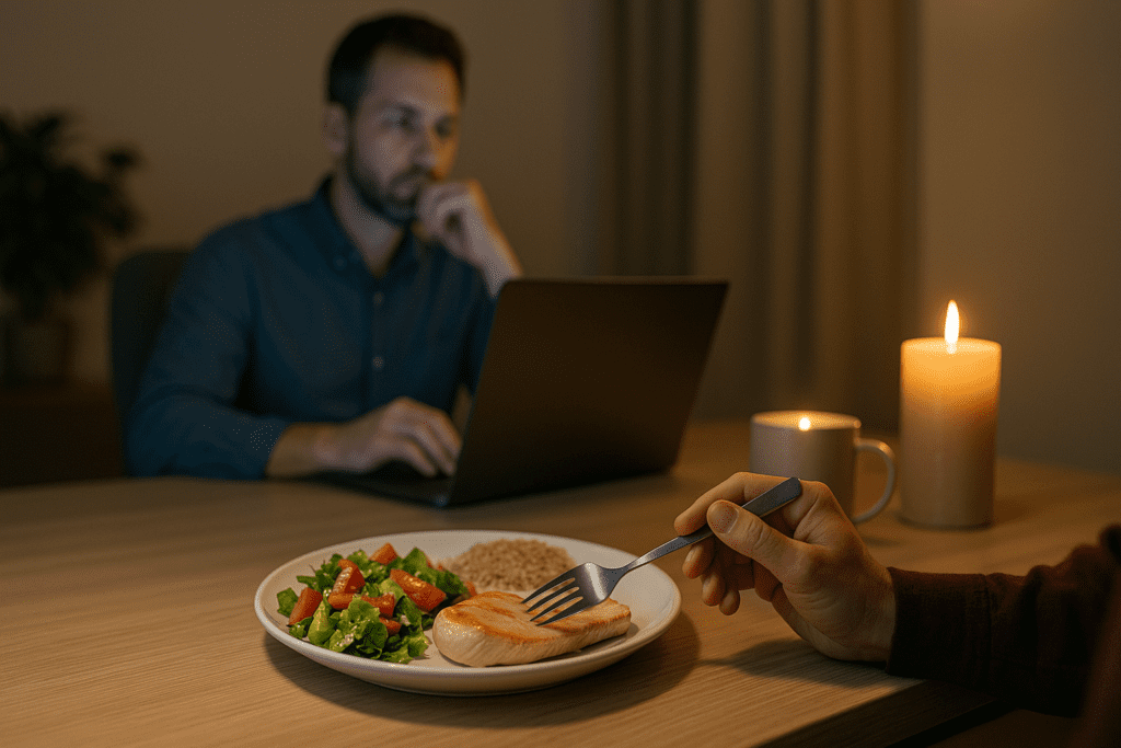 Smart 300 Calorie Lunch Meals: Balanced Nutrition for Weight Management and All-Day Energy 2 In a cozy home office with ambient evening lighting, a man in a blue shirt sits behind a clean desk, sipping from a mug as a 300-calorie meal of grilled chicken, quinoa, and salad rests beside a glowing laptop. The low-clutter environment reinforces the theme of smart meal planning for energy and focus throughout the workday.