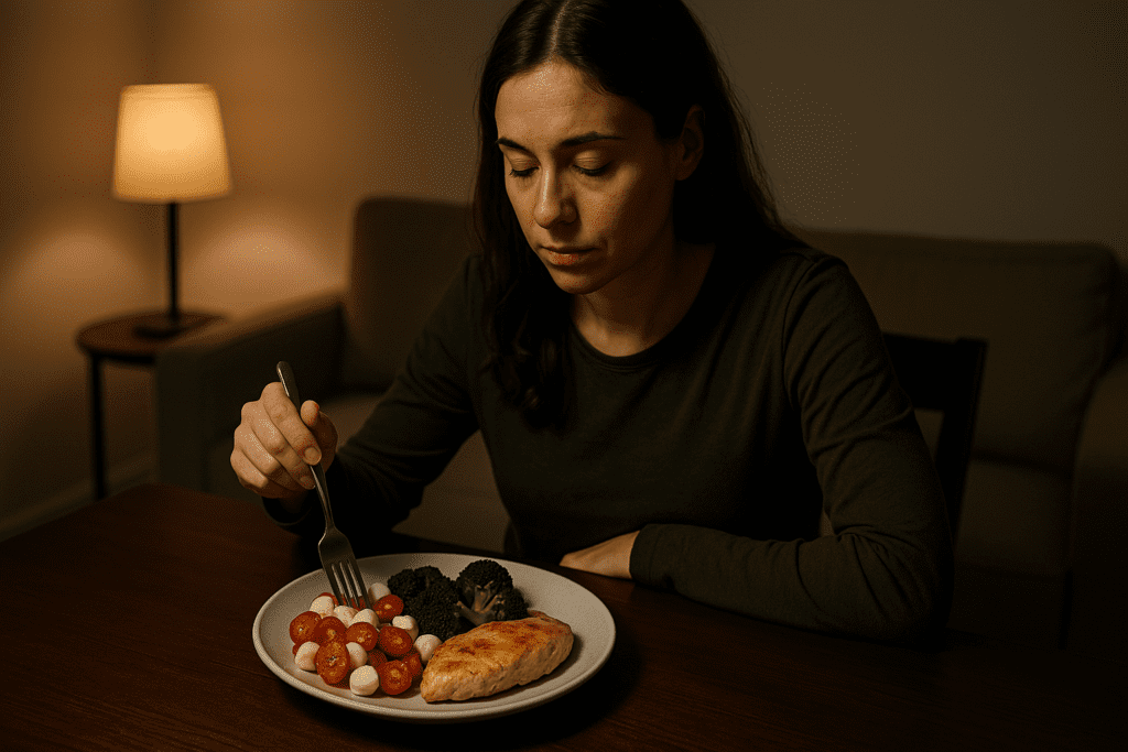 Smart 300 Calorie Lunch Meals: Balanced Nutrition for Weight Management and All-Day Energy 3 A light-skinned woman with long dark hair sits quietly at a wooden dining table in a dimly lit room, illuminated by a nearby lamp as she contemplates her low-calorie, balanced dinner. The moody, high-contrast lighting enhances the emotional tone of self-care and conscious nutrition for evening wellness and weight maintenance.