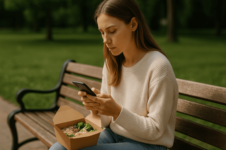 A young woman with light skin and long brown hair sits alone on a wooden bench in a quiet park, wearing a cream sweater and blue jeans. She thoughtfully looks down at her smartphone while balancing a healthy meal of quinoa, grilled chicken, and broccoli on her lap, with soft morning sunlight and blurred greenery reinforcing the theme of healthy food delivery and mindful eating outdoors.