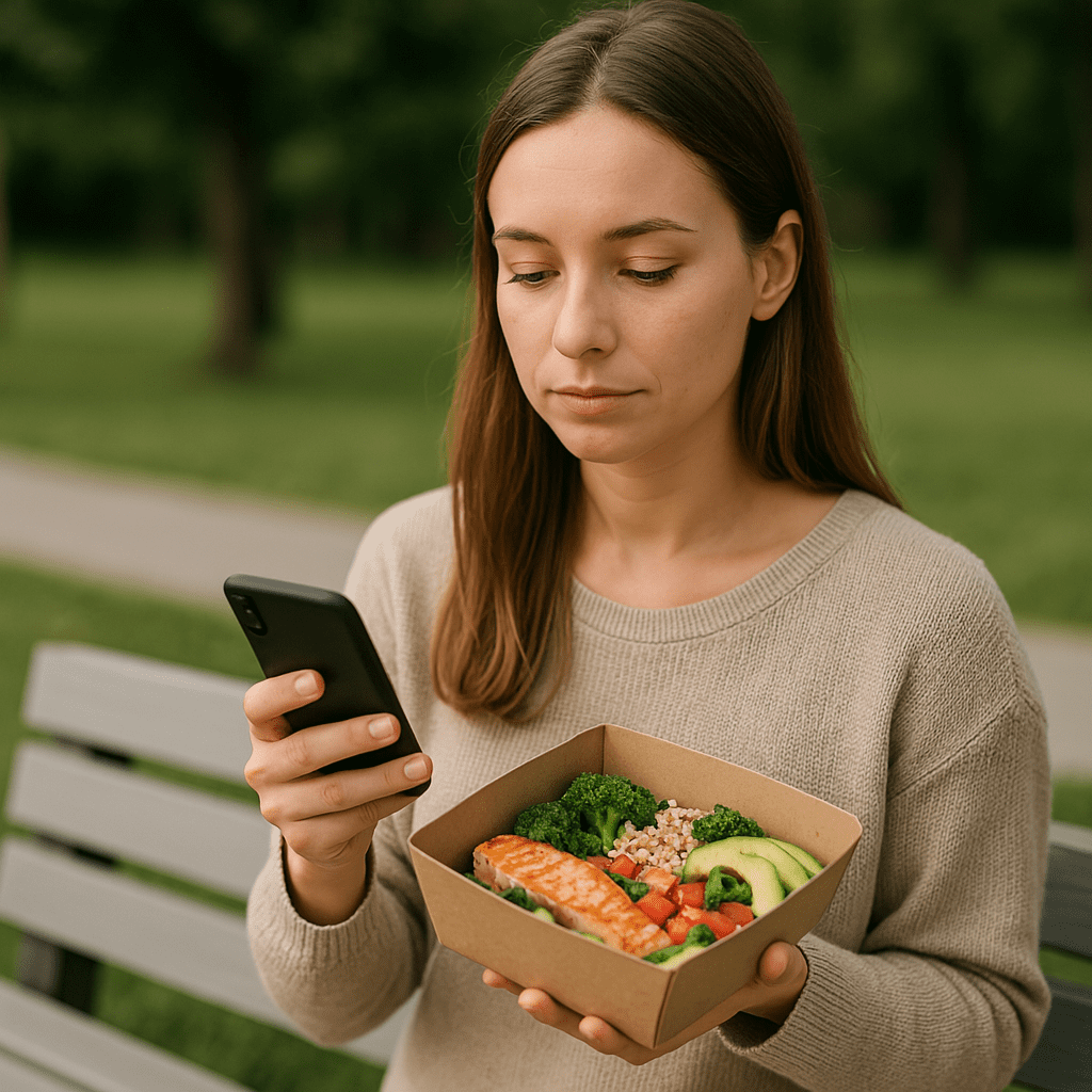 The Best Food Online Delivery Options for Healthy Eating: How to Choose Nutritious Meals from Services You Can Trust 1 A young African American woman with curly hair sits at a tidy desk in a warmly lit room at night, wearing a cozy gray sweater. She appears contemplative as she looks down at a nutritious delivered meal of salmon, broccoli, and rice, surrounded by a laptop and warm light, visually linking healthy eating with trusted food delivery in a home environment