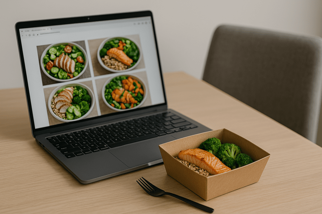 The Best Food Online Delivery Options for Healthy Eating: How to Choose Nutritious Meals from Services You Can Trust 3 A minimalist desk setup features an open laptop displaying a healthy meal delivery website beside a compostable container of colorful vegetables and whole grains. The scene is bathed in cool, soft light with a clutter-free office background, emphasizing the convenience of choosing nutritious meals from reliable online food delivery services.