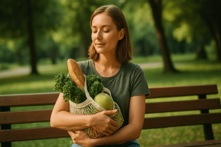 In a tranquil park under soft daylight, a young woman with light skin sits on a wooden bench, gently holding a reusable mesh bag filled with healthy groceries like kale, a melon, and a baguette. The natural setting and her relaxed expression convey the theme of mindful eating and highlight the importance of choosing the best healthy grocery stores.