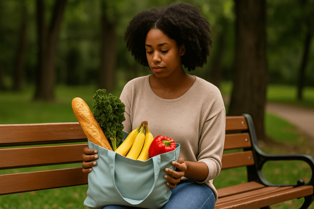 Discover the Healthiest Grocery Stores: How to Find Healthy Stuff to Buy for Mindful Eating 1 A young African American woman sits alone on a weathered park bench, cradling a reusable tote brimming with bananas, kale, and bread, surrounded by lush greenery in warm natural light. Her thoughtful gaze and the peaceful environment underscore the value of choosing healthy stuff to buy from the healthiest grocery stores.