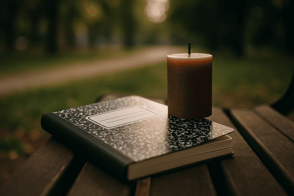Discover the Healthiest Grocery Stores: How to Find Healthy Stuff to Buy for Mindful Eating 2 A dimly lit composition scene on a wooden bench shows a marbled grocery journal placed beside a brown candle, surrounded by soft natural textures in a quiet outdoor park. The contemplative setup evokes themes of reflection, intentional food choices, and planning mindful purchases from a trusted healthy food grocery store.