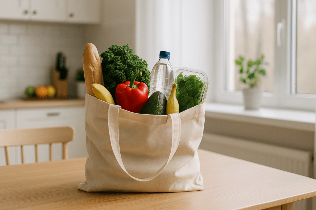 Discover the Healthiest Grocery Stores: How to Find Healthy Stuff to Buy for Mindful Eating 3 A photorealistic image of a clean, minimalist kitchen bathed in soft daylight, featuring a canvas tote on a table overflowing with colorful produce like avocado, bell pepper, and leafy greens. The serene setting reflects conscious shopping habits at top-rated health food store chains and emphasizes the accessibility of healthy things to buy.