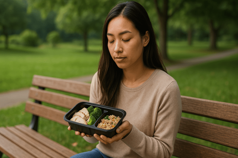 A young Asian woman sits peacefully on a park bench under soft morning sunlight, enjoying a neatly packed healthy meal of quinoa, steamed broccoli, and grilled chicken. The calm outdoor setting and her relaxed posture reinforce the theme of choosing convenient, nutritious food delivery options that fit a balanced lifestyle.