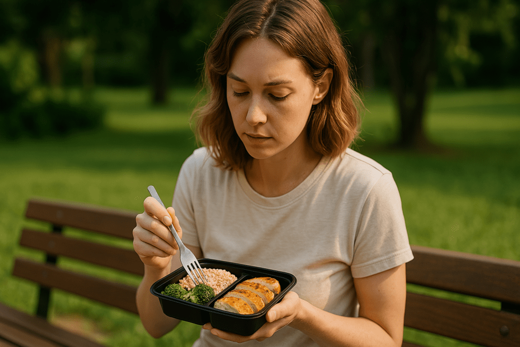 How to Choose the Best Healthy Meal Delivery Service for Your Lifestyle: A Guide to Nutritious, Ready-to-Eat Options You Can Trust 1 In a softly lit kitchen, a young Caucasian woman with fair skin and a ponytail smiles as she eats a healthy meal from a delivery container, seated alone at a tidy wooden table. The warm natural light and uncluttered setting emphasize the ease and joy of selecting trustworthy, ready-to-eat meals for healthy living.