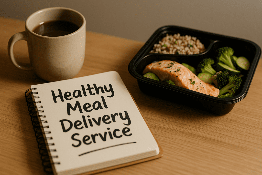 How to Choose the Best Healthy Meal Delivery Service for Your Lifestyle: A Guide to Nutritious, Ready-to-Eat Options You Can Trust 2 A photorealistic close-up shows a spiral-bound notebook with handwritten wellness notes beside a ceramic mug and a fresh meal delivery container featuring salmon, quinoa, and vegetables. Captured in warm indoor light, this minimalist scene symbolizes mindful eating choices and reinforces the value of healthy meal planning.
