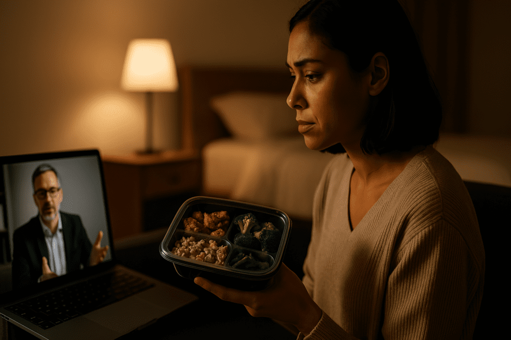 How to Choose the Best Healthy Meal Delivery Service for Your Lifestyle: A Guide to Nutritious, Ready-to-Eat Options You Can Trust 3 A woman with medium brown skin sits on a sofa at night, softly illuminated by a nearby lamp, holding a healthy meal while participating in an online therapy session. The moody lighting and reflective atmosphere underscore the importance of mental wellness and making thoughtful decisions about nutritious food delivery services.