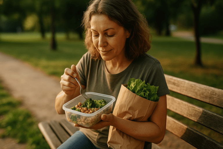 A middle-aged woman sits on a weathered wooden bench in a sunny park, holding a container of roasted vegetables, chickpeas, and brown rice beside a brown paper grocery bag with fresh greens. The warm natural lighting and outdoor setting reflect the theme of following a cheap healthy eating plan using whole foods in a relaxed, mindful environment.