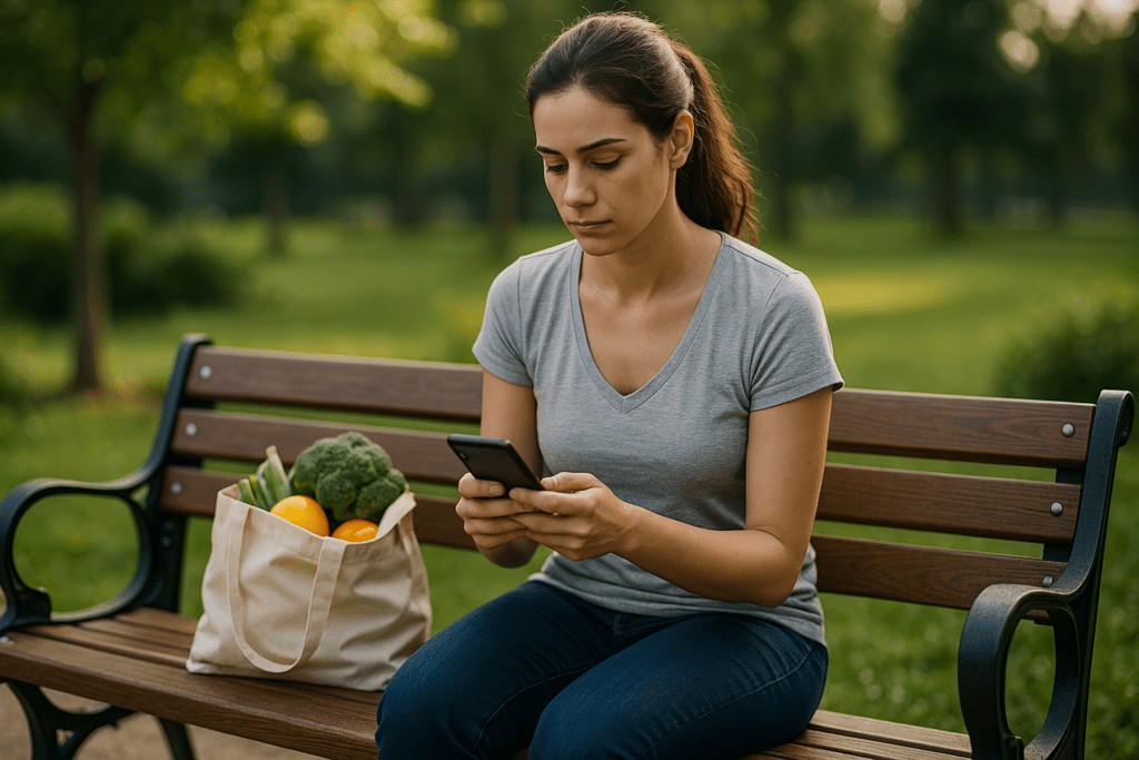 A young woman with light skin sits casually on a bench in a peaceful urban park, focused on her smartphone with a reusable grocery tote by her side. The soft morning light and fresh outdoor setting highlight the accessibility of maintaining a cheap healthy food plan for the week through intentional shopping and planning.