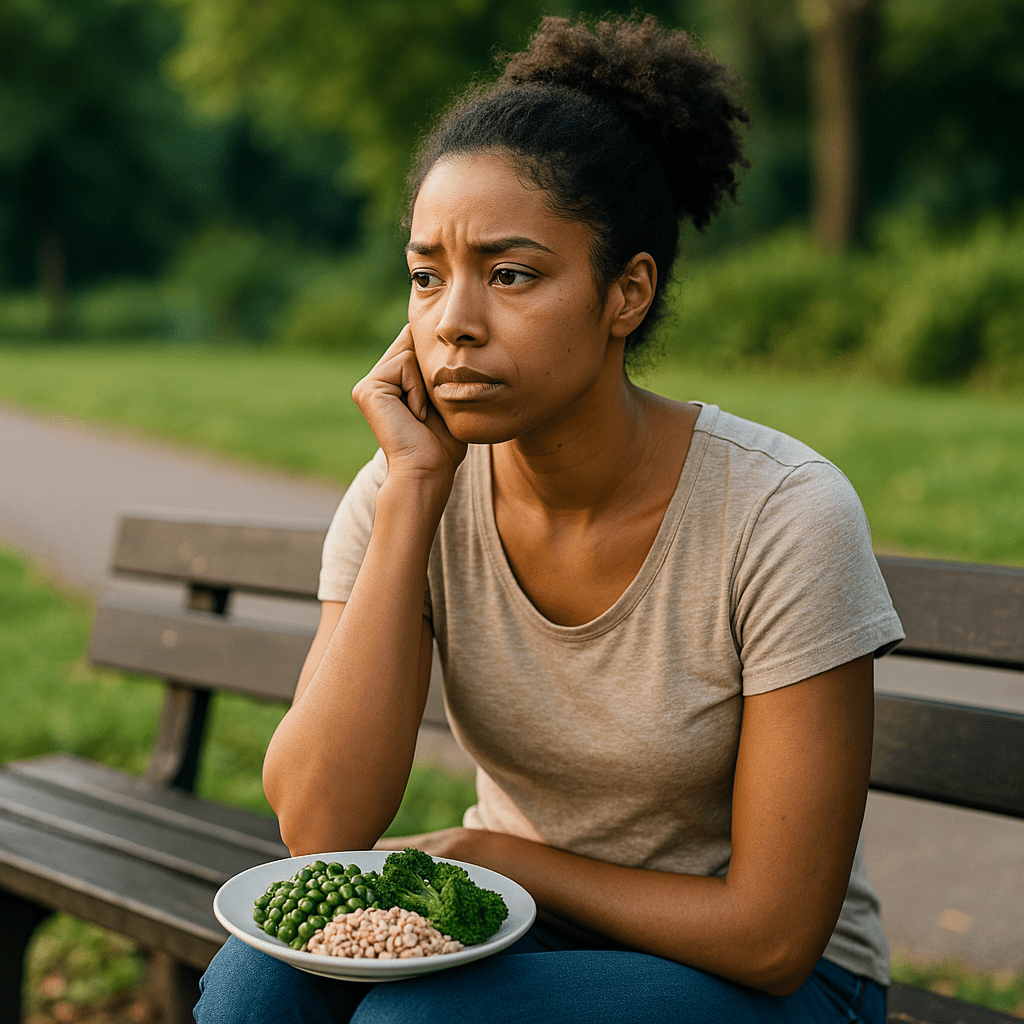 How to Follow a Cheap Healthy Eating Plan Without Sacrificing Nutrition: Smart Strategies for Affordable Meals 2 An African American woman in jeans and a neutral t-shirt sits reflectively on a wooden bench at dusk, cradling a colorful meal of rice, broccoli, and peas in her lap. Surrounded by greenery and bathed in warm ambient light, the image suggests the emotional and financial empowerment of adopting a cheap healthy diet plan.