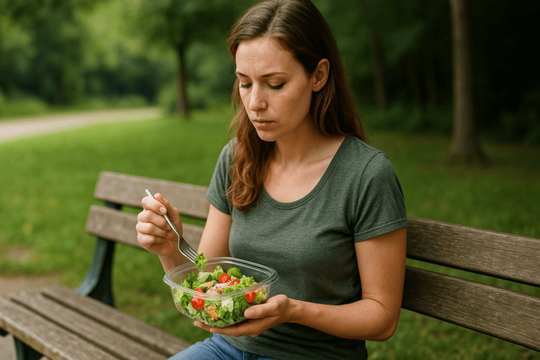 A young woman in a muted green T-shirt sits alone on a wooden park bench, eating a colorful low-calorie salad featuring leafy greens and cherry tomatoes. The minimal, natural background and soft morning lighting evoke a sense of simplicity and balance in mindful, budget-conscious nutrition.