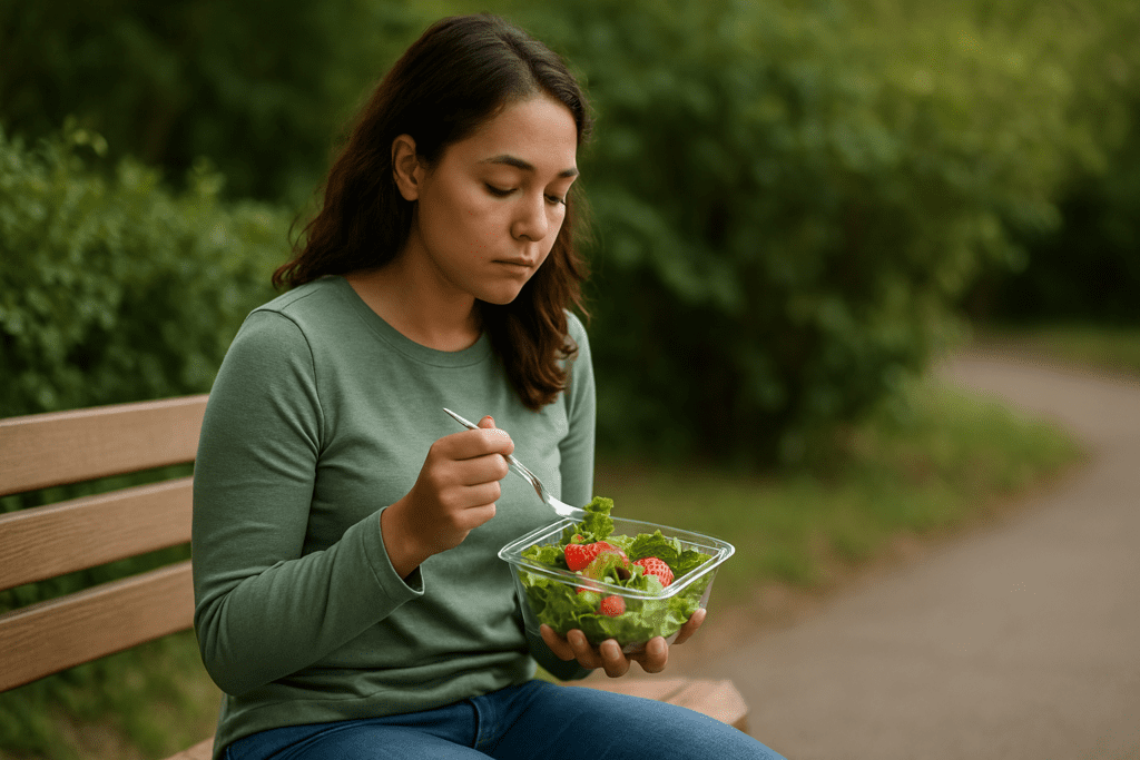 A young woman with medium-toned skin and long dark hair eats a fresh, affordable salad with lettuce and strawberries from a clear plastic container while seated on a park bench. Surrounded by greenery and soft daylight, the quiet moment captures the essence of cheap healthy eating in a natural setting