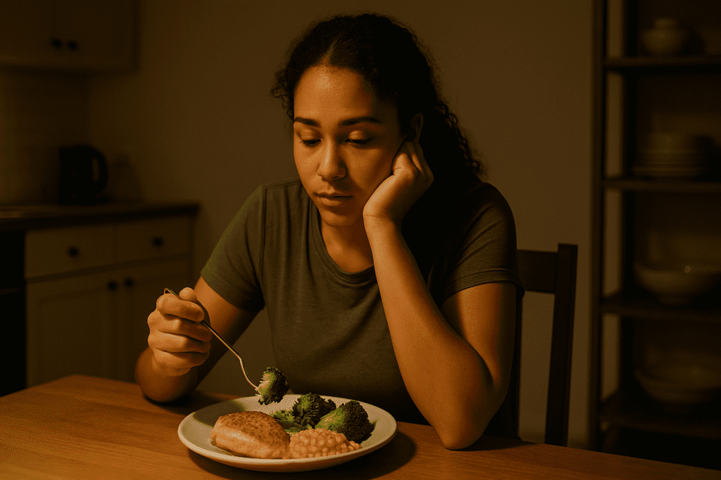 A young woman with curly hair sits at a wooden table in a dimly lit home kitchen, quietly eating a simple meal of baked chicken, steamed broccoli, and corn. The warm, ambient light creates a reflective, moody atmosphere that underscores the theme of budget-friendly, intentional eating at home.