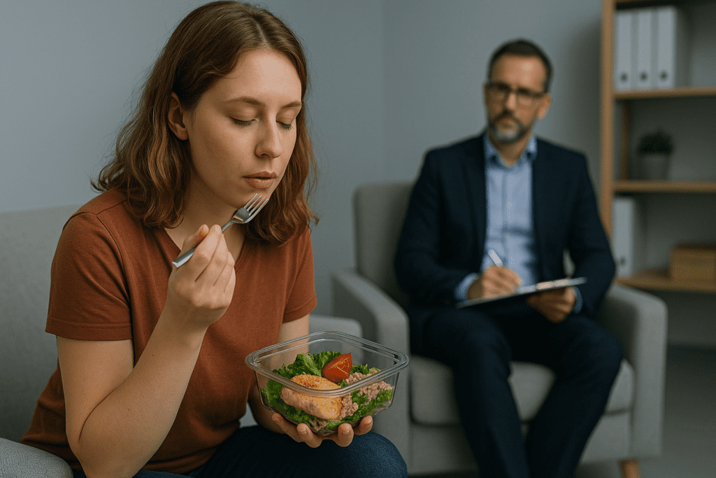 A young woman in a rust-colored shirt sits thoughtfully in a modern therapy office, slowly eating a nutritious low-calorie salad with quinoa and leafy greens. The calm, clinical environment with soft cool lighting and a blurred therapist in the background highlights a mindful, affordable eating approach integrated into emotional care.