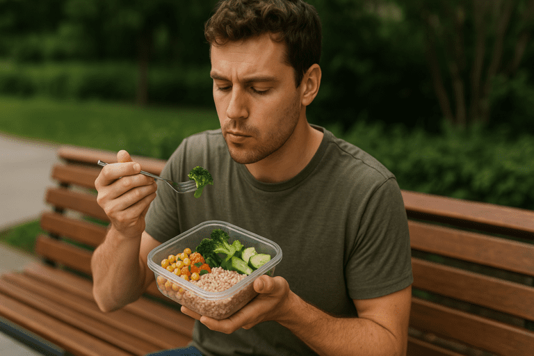 A young man with short brown hair sits alone on a wooden park bench in natural daylight, eating a balanced, homemade lunch of brown rice, chickpeas, and steamed vegetables. The serene park setting emphasizes affordable healthy lunch ideas in a relaxed, outdoor environment.