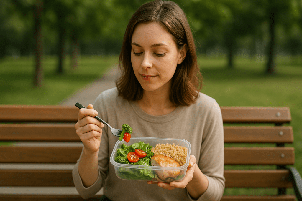A fair-skinned young woman with light brown hair calmly enjoys a forkful of fresh salad from a simple meal container, seated on a park bench near a tree-lined path. The soft outdoor lighting and natural background highlight practical and delicious lunch ideas on a budget.