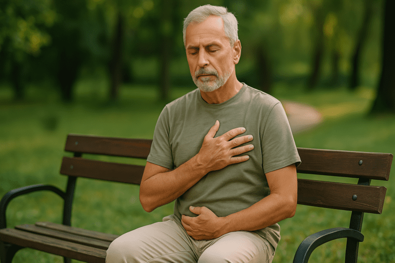 A photograph captures an older Caucasian man in his mid-60s sitting on a wooden bench in a peaceful park, resting his hand over his heart with eyes closed in reflective calm. The natural morning light and lush greenery subtly emphasize the article’s theme of natural remedies for heart problems and plant-based approaches to heart failure recovery.