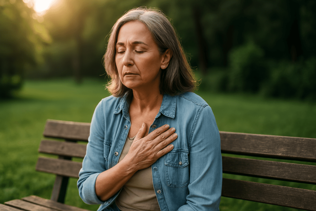Natural Remedies for Congestive Heart Failure: How Plant-Based Nutrition May Support Heart Function and Improve Quality of Life 1 A middle-aged woman with shoulder-length gray hair sits quietly on a bench in a sun-drenched park, her hand gently pressed to her chest as she meditates on healing. The tranquil expression, golden natural light, and gentle park setting evoke the serenity and empowerment tied to natural remedies for heart failure and lifestyle-based cardiovascular care.