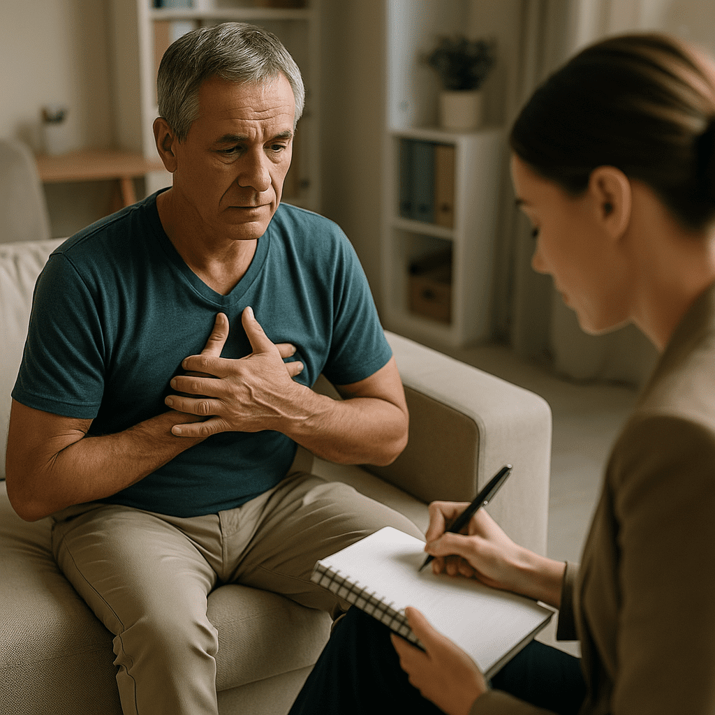 Natural Remedies for Congestive Heart Failure: How Plant-Based Nutrition May Support Heart Function and Improve Quality of Life 2 A private therapy session unfolds in a softly lit office where a concerned older man holds his chest while speaking to a calm, attentive female therapist. The minimalist clinical setting and emotional tension in the room reinforce the psychological and lifestyle aspects of healing congestive heart failure naturally through supportive care and holistic attention.