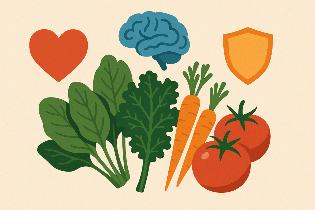 Can Vegetables Make You Fat? What Science Says About Veggies, Calories, and Weight Gain 6 "Various vegetables surrounded by symbols of health benefits, showing how a vegetable-rich diet supports long-term health, reducing the risk of obesity and answering the question, 'can vegetables make you fat.'"