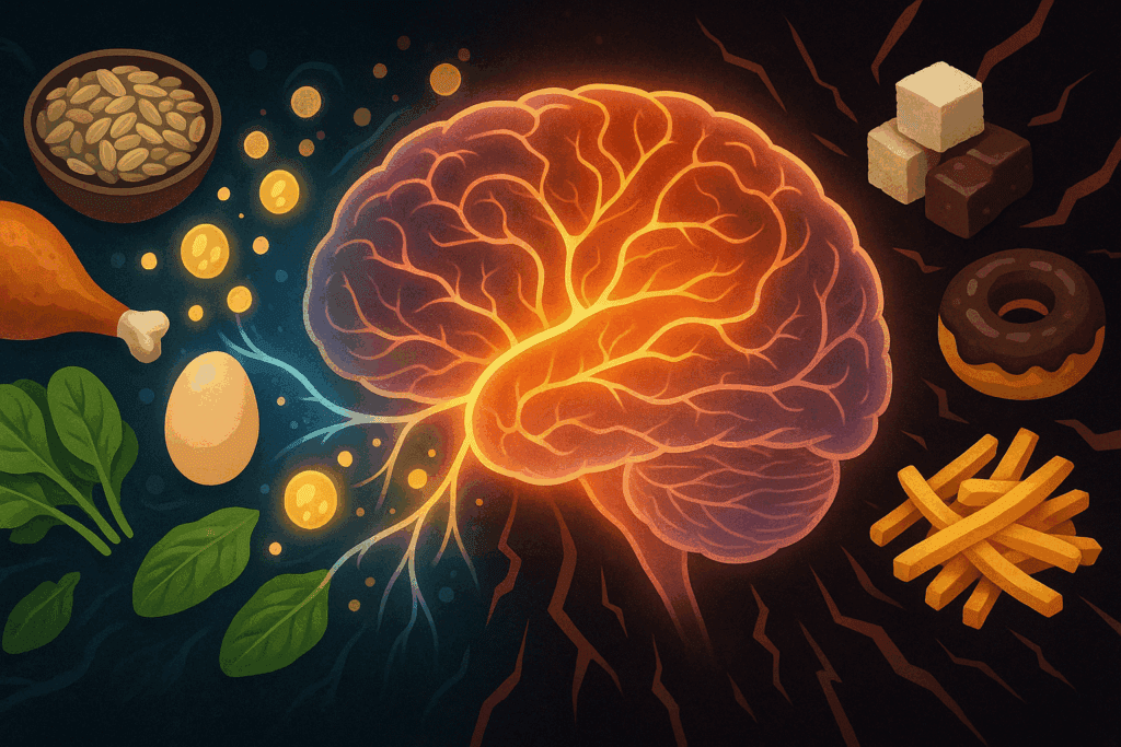 Illustration of foods that cause anxiety and panic attacks disrupting brain chemistry, with processed foods clashing against calming nutrients like eggs, turkey, and leafy greens