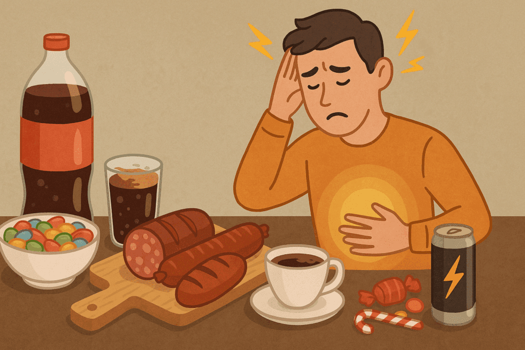 Anxious man holding his head and stomach near a table with foods that cause anxiety and panic attacks, including candy, soda, coffee, and processed meats.
