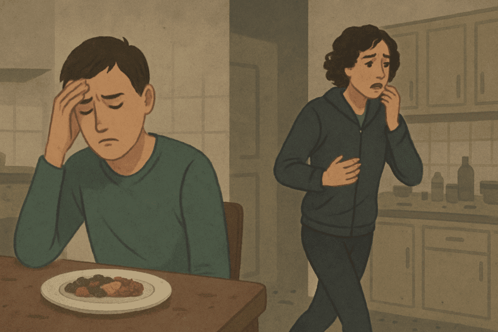 Two anxious individuals in a dim kitchen showing appetite loss and distress, symbolizing foods that cause anxiety and panic attacks.