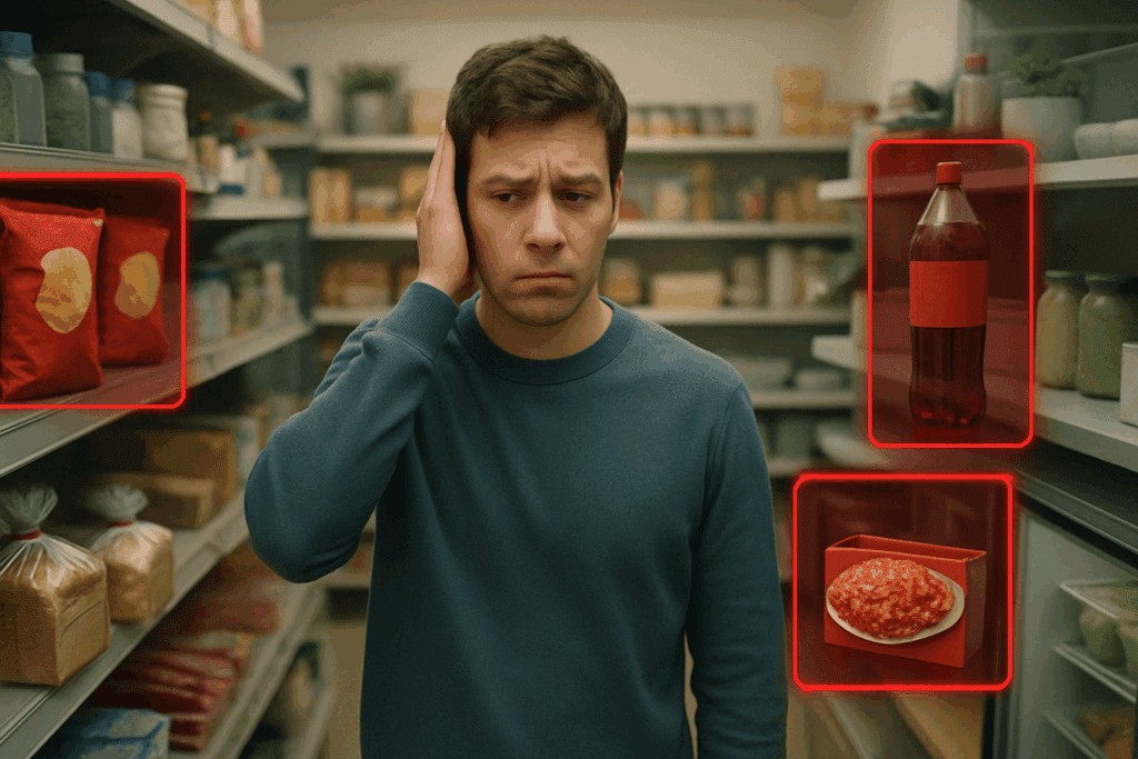 Confused man standing in a grocery aisle surrounded by highlighted packaged foods that cause anxiety and panic attacks.