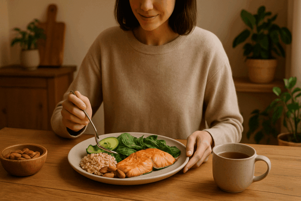 Mindful woman enjoying a balanced meal with salmon, leafy greens, avocado, nuts, and grains—healthy alternatives to foods that cause anxiety and panic attacks