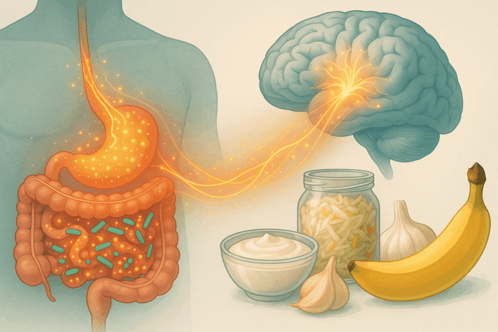 Conceptual illustration of the gut-brain axis showing digestive tract, microbiome, and foods that cause anxiety and panic attacks like garlic and bananas alongside calming fermented foods