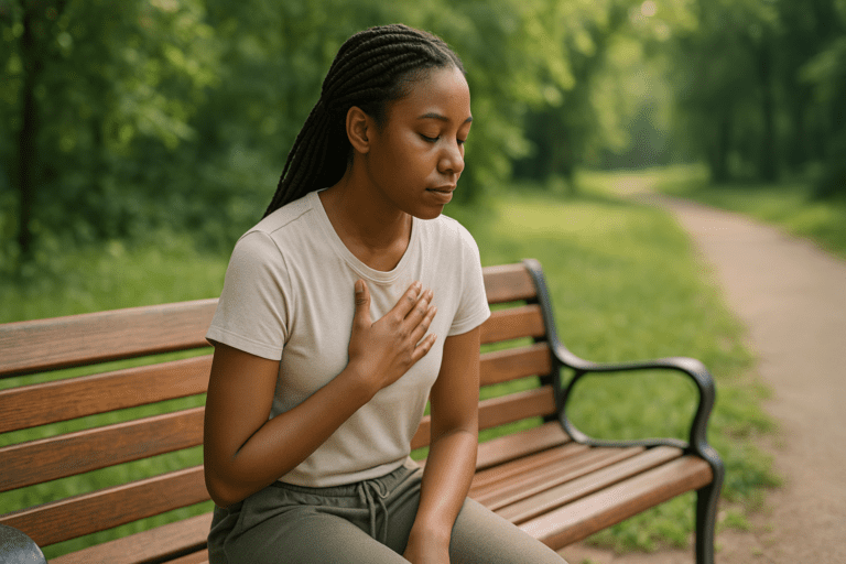 A young African American woman with long braids rests her hand over her heart as she sits on a wooden park bench surrounded by greenery. The soft morning light emphasizes her thoughtful pose, evoking a sense of mindfulness and self-care as part of a heart-healthy plant-based lifestyle.