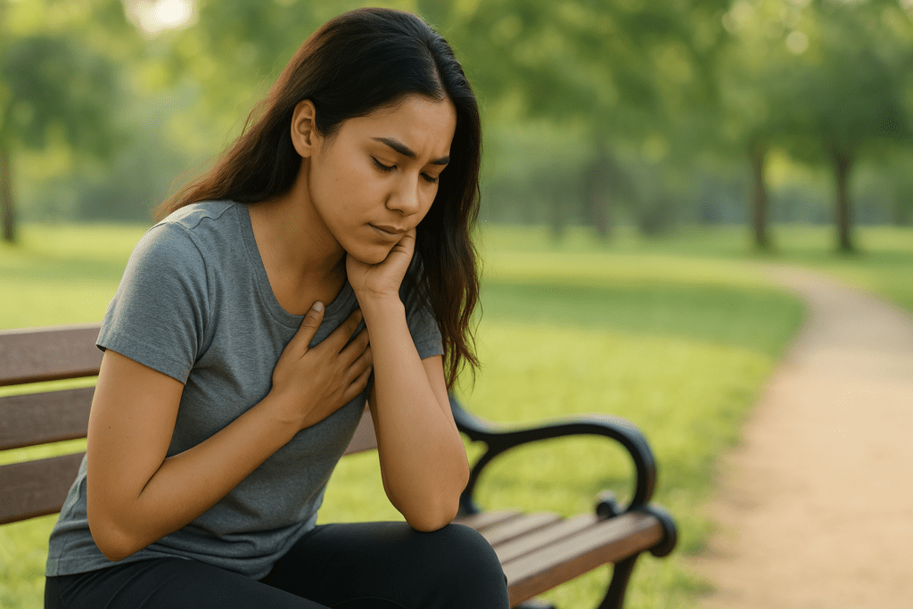 A woman with long dark hair sits peacefully on a rustic bench in a quiet, leafy park at sunrise, bathed in golden morning light. Her introspective body language symbolizes the emotional balance and connection to nature that support cardiovascular wellness on a plant-based diet.