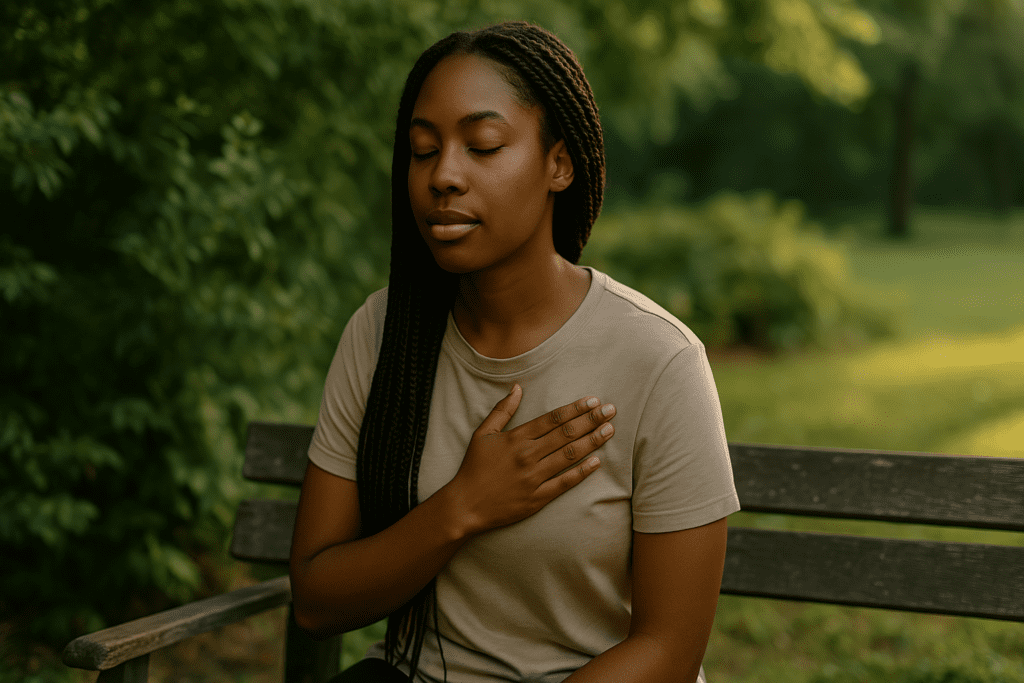 Top 10 Science-Backed Ways to Keep Your Heart Healthy on a Plant-Based Diet 2 A serene young African American woman with box braids sits alone on a bench in a lush outdoor setting, softly lit by the rising sun. Her calm demeanor and the quiet natural environment reinforce the theme of using plant-based living and stress reduction to maintain heart health.