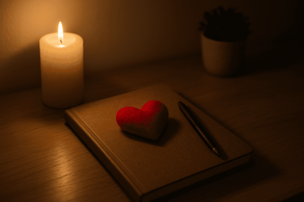Top 10 Science-Backed Ways to Keep Your Heart Healthy on a Plant-Based Diet 3 A symbolic heart-shaped plush rests atop a closed notebook beside a softly glowing candle and pen, all arranged on a wooden surface in warm, low lighting. This visually reflective scene symbolizes commitment to heart-healthy goals and the introspective journey of adopting a plant-based die