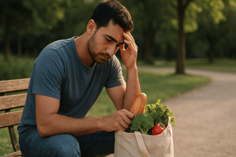 A young man with light to medium skin tone sits alone on a wooden bench in a clean, green park, studying a canvas grocery bag filled with fresh produce like broccoli, tomatoes, and a baguette. The soft afternoon sunlight and minimal surroundings highlight the theme of smart, budget-conscious healthy eating for one.