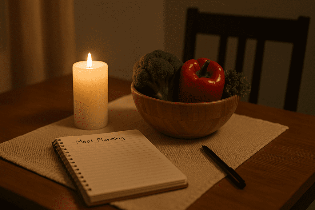 An open “Meal Planning” notebook rests beside a wooden bowl of colorful vegetables and a glowing candle on a lightly draped dining table in a softly lit nighttime kitchen. The ambient lighting and quiet composition evoke mindful strategies for affordable, healthy solo meals.