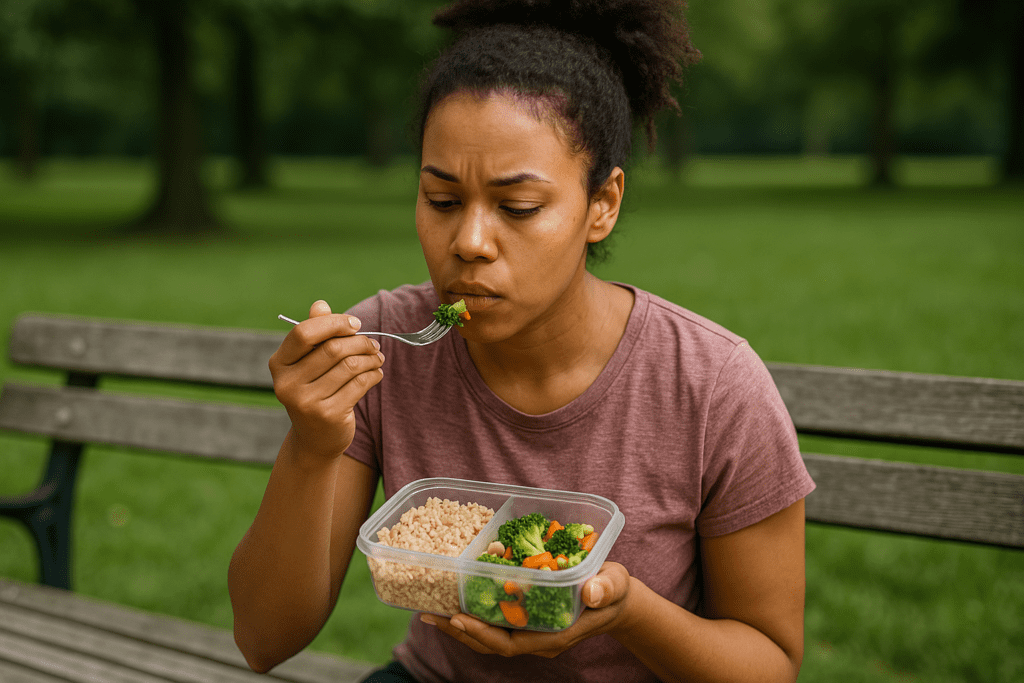 A young African American woman with natural curly hair in a bun eats a home-prepped meal of rice and vegetables from a simple container while sitting on a bench in a peaceful, sunlit park. Her quiet, thoughtful expression reinforces the practicality and self-care in budget-friendly healthy eating for one.