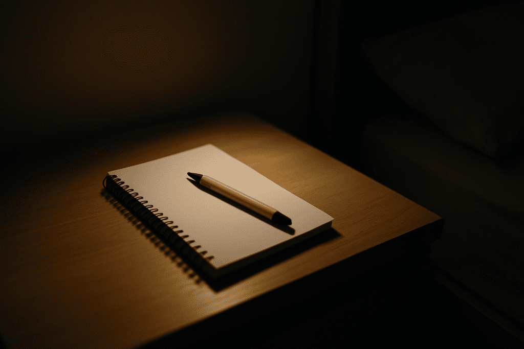 A softly illuminated spiral-bound notebook and pen rest on a plain wooden nightstand beside a muted bed, bathed in moody directional lighting from a nearby lamp. The subdued scene suggests solitary reflection and planning, tying into the theme of mindful, cost-effective meal routines.