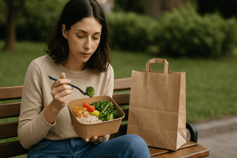 A young woman in her mid-20s sits alone on a wooden park bench, eating a healthy delivered meal from a compostable container under soft morning light. Her pensive expression and the tranquil greenery around her visually express the theme of affordable food delivery and mindful eating on a budget.