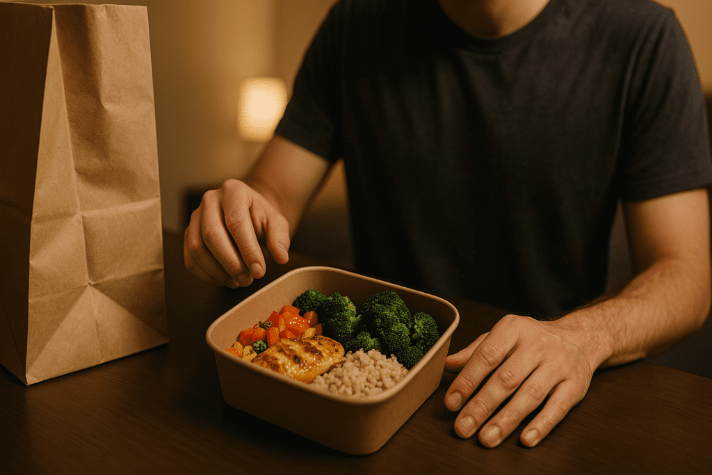 Smart Strategies for Affordable Food Delivery: How to Get Nutritious Meals Delivered to Your Doorstep Without Overspending 1 A hand reaches toward a neatly arranged budget-friendly takeout meal of brown rice, steamed vegetables, and grilled chicken, lit warmly in a cozy indoor space. The compostable container and slightly crumpled delivery bag emphasize smart strategies for affordable healthy eating at home.