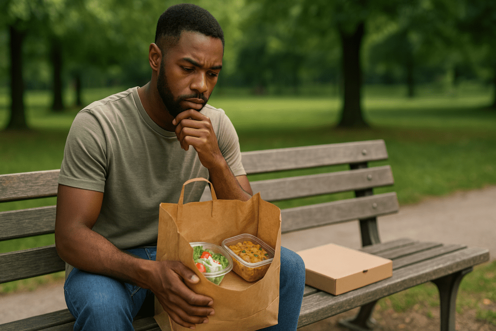 Smart Strategies for Affordable Food Delivery: How to Get Nutritious Meals Delivered to Your Doorstep Without Overspending 2 A young Black man sits on a shaded bench outdoors, thoughtfully holding a nutritious rice and salad dish with a closed pizza box beside him. Diffused sunlight and greenery surround him, symbolizing the contrast between affordable healthy delivery choices and fast food temptations.