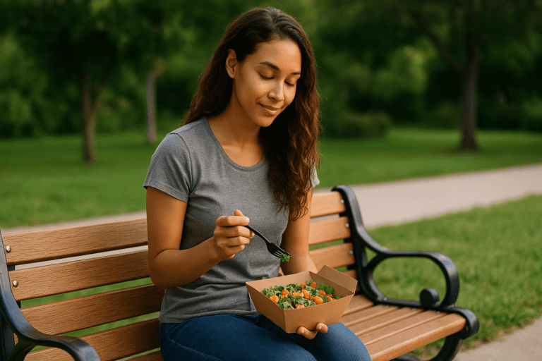 A young woman with chestnut hair sits alone on a wooden park bench, savoring a fresh dining delivery salad under soft morning sunlight. Surrounded by lush greenery and dappled shadows, her relaxed posture and calm expression reflect mindful eating and a healthy lifestyle on the go.